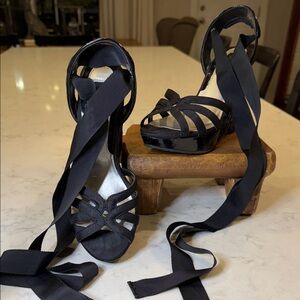 Black House White Market Elegant Black Strappy Women's Heels with RibbonLace Up